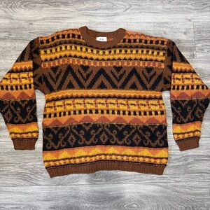 Vintage Together! 80's Brown Orange Black Men sweater Wool Blend Pullover Size L